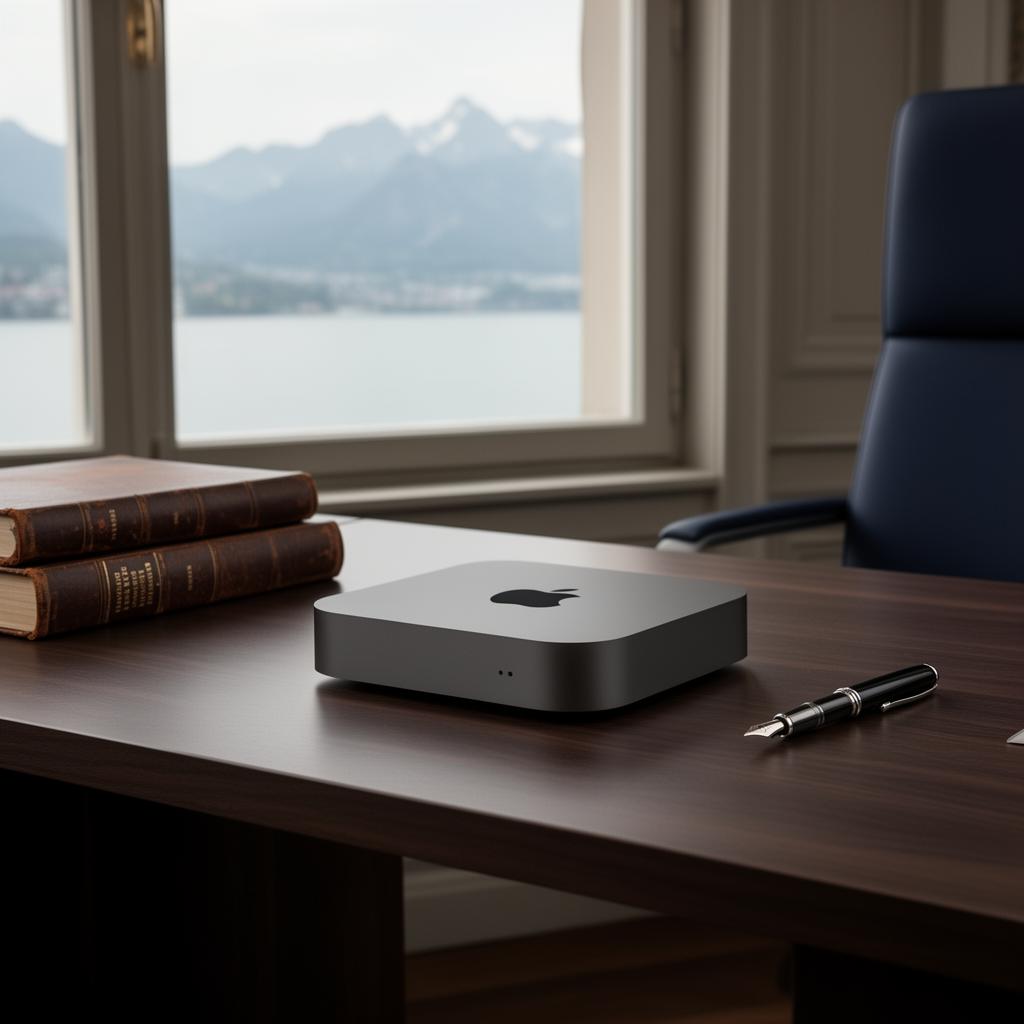 Boîtier dédié installé dans un cabinet fiduciaire suisse, vue sur le lac et les Alpes